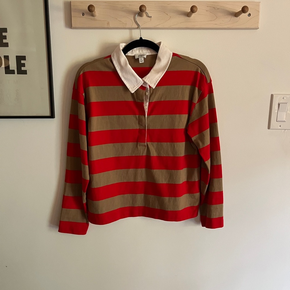 J. Crew Red and Brown Striped Rugby Sweater with White Collar